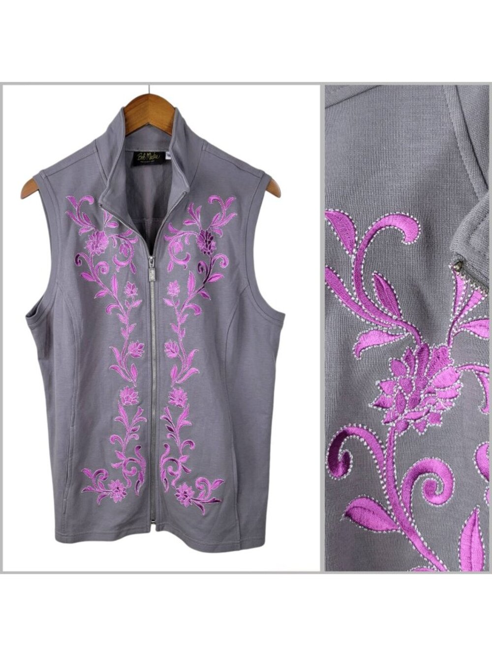 NEW Bob Mackie Vest size Large Art to wear Embroidered Jersey Gray Floral Purple
